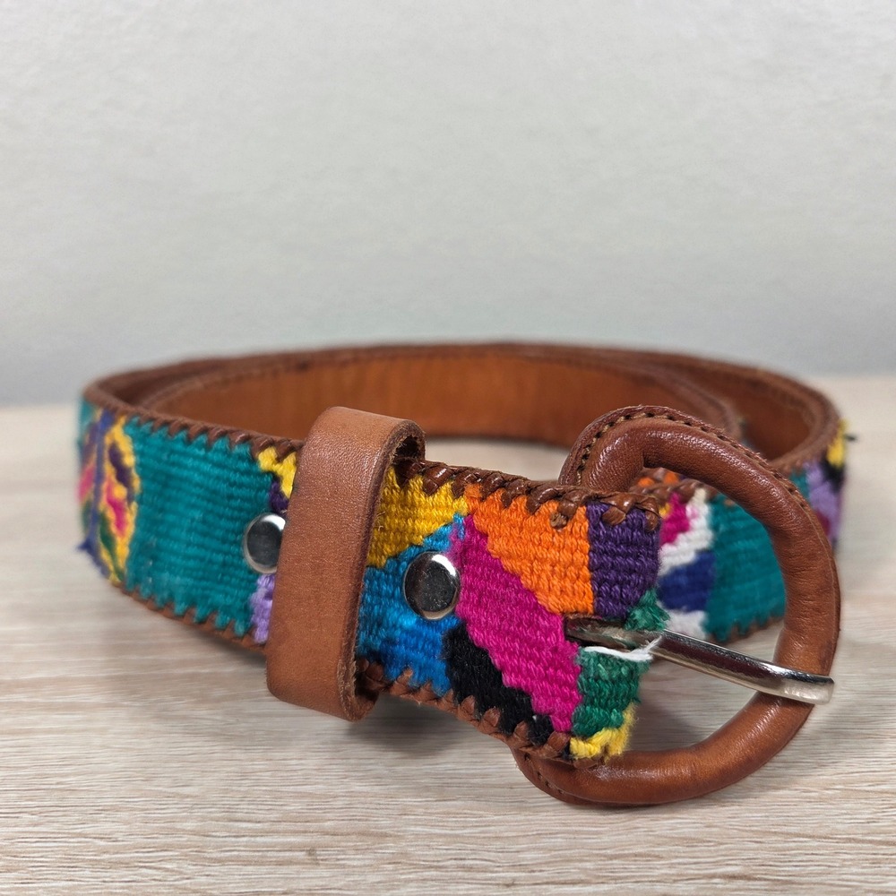 Vintage Guatemalan Woven Leather Belt Multicolor Handwoven Boho Southwestern 36